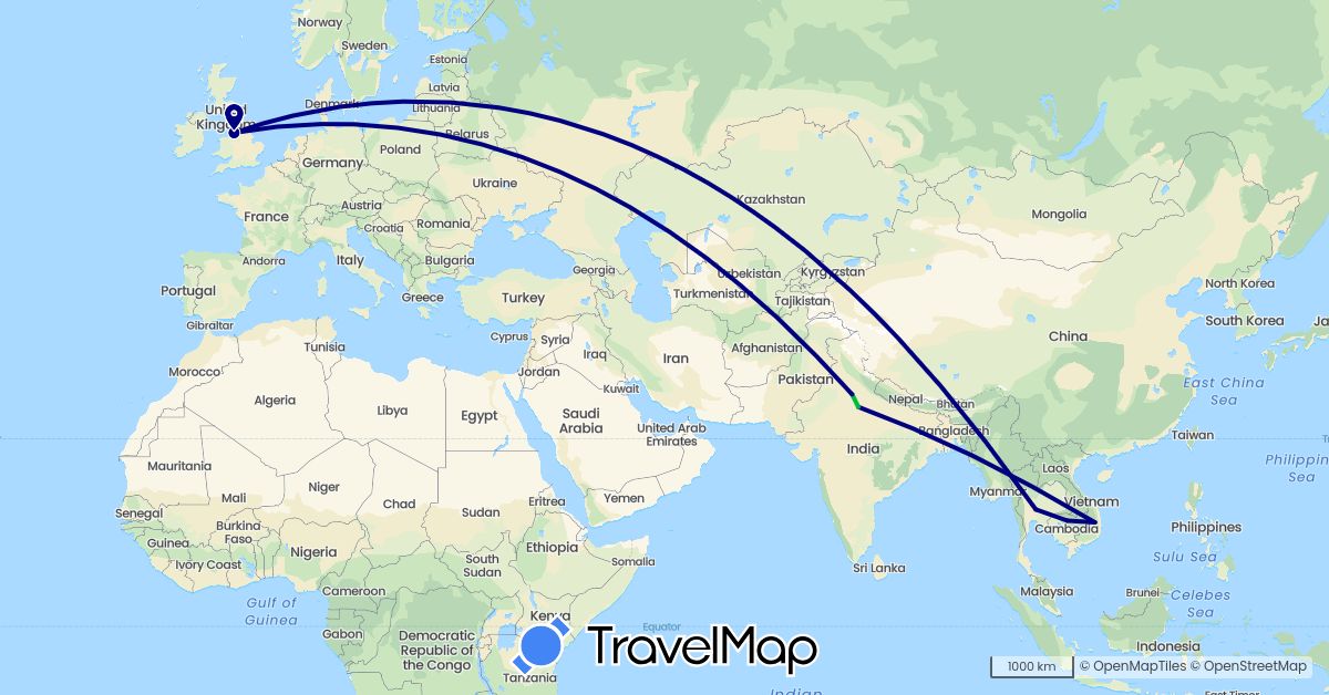 TravelMap itinerary: driving, bus in United Kingdom, India, Cambodia, Thailand, Vietnam (Asia, Europe)